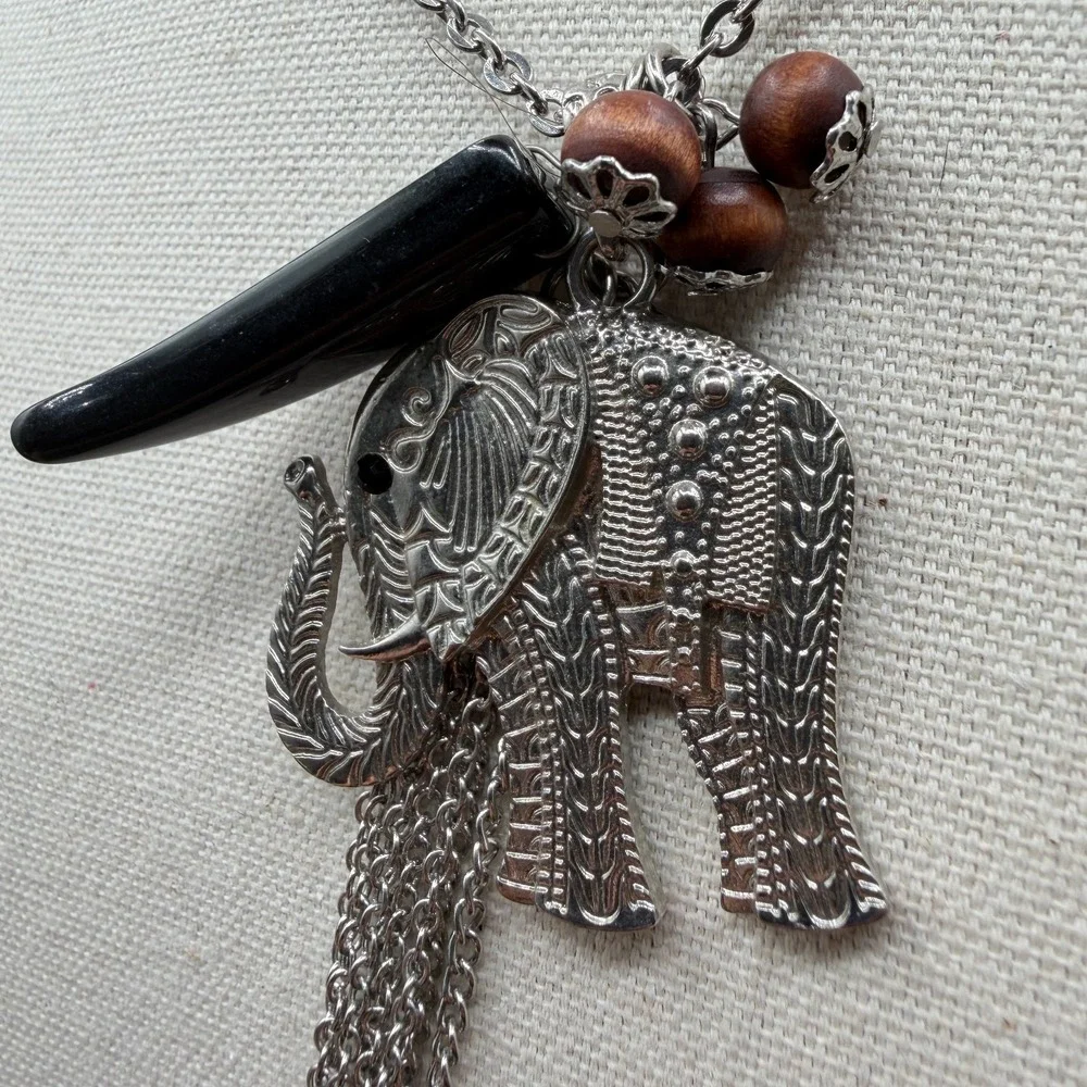 Elephant Statement Necklace Silver Tone Black Tusk Wood Beads Boho Tassel Gift